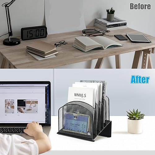 Miniatura 7 de Paquete de 2 organizadores de archivos de escritorio inclinados, soporte para carpetas de archivos de escritorio de 5 ranuras, organizador de