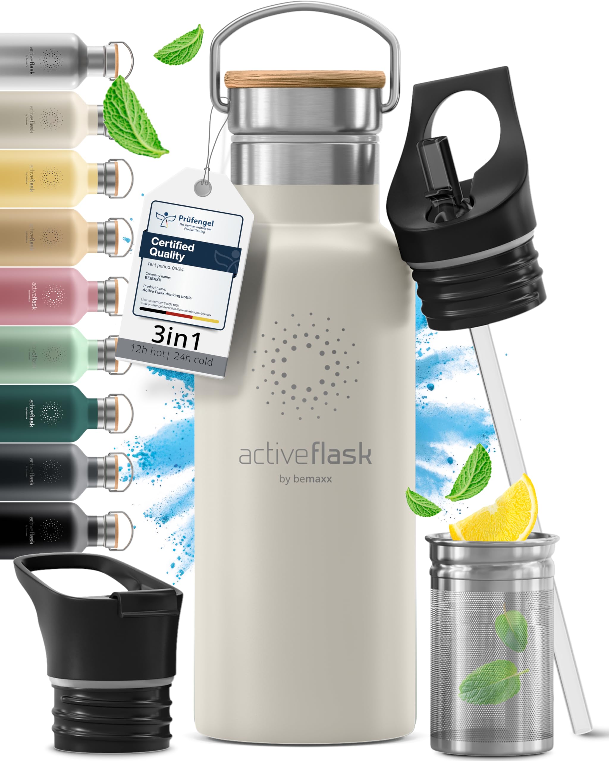 Trinkflasche Edelstahl mit Strohhalm, Infuser + 3 Deckel: BPA-frei, Auslaufsicher, Kohlensäure geeignet - Wasserflasche Fahrrad Thermosflasche Isoliert Isolierflasche Sport Wasser Flasche Kinder Tee
