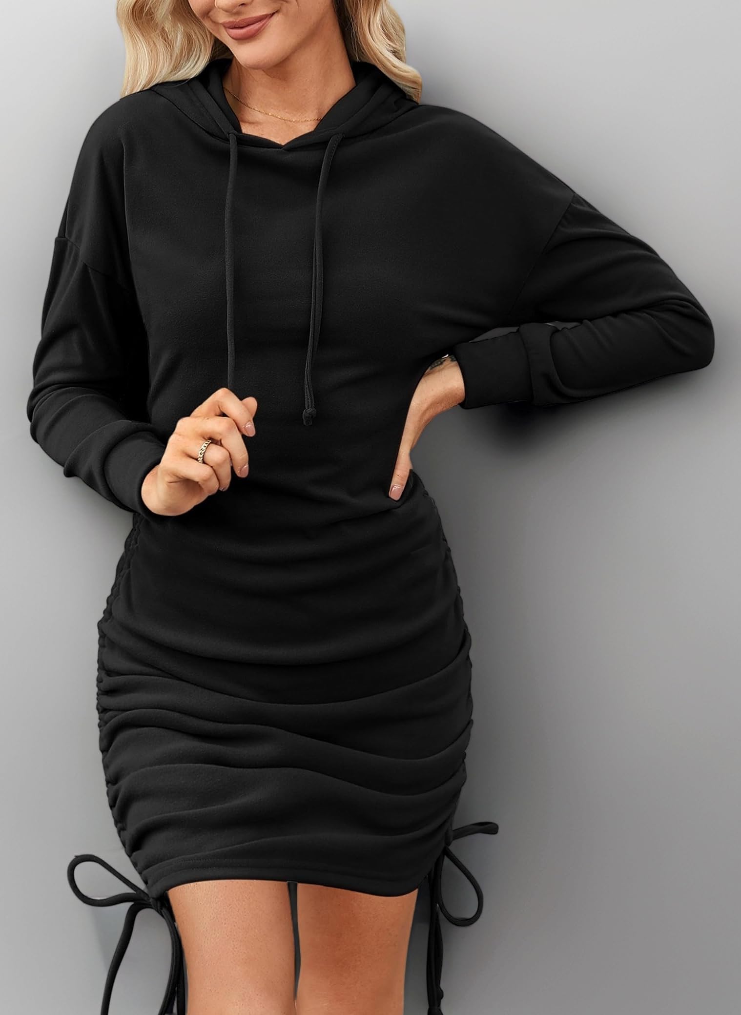 Women Hoodie Sweatshirts Dress Long Sleeve Hoodies Dress Casual Ruched Drawstring Pullover Jumper Tops
