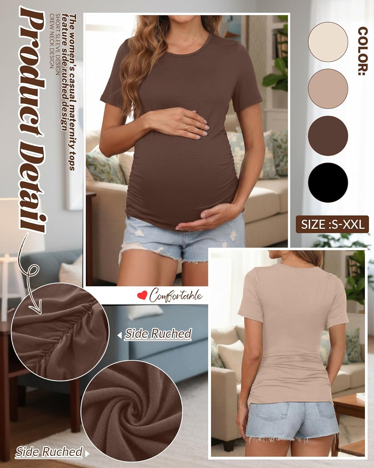 Huukeay 4 Pack Women's Maternity Shirts, Crew Neck Maternity Top Short Sleeve Casual Cotton Tee Side Ruched Pregnancy Clothes - Image 5