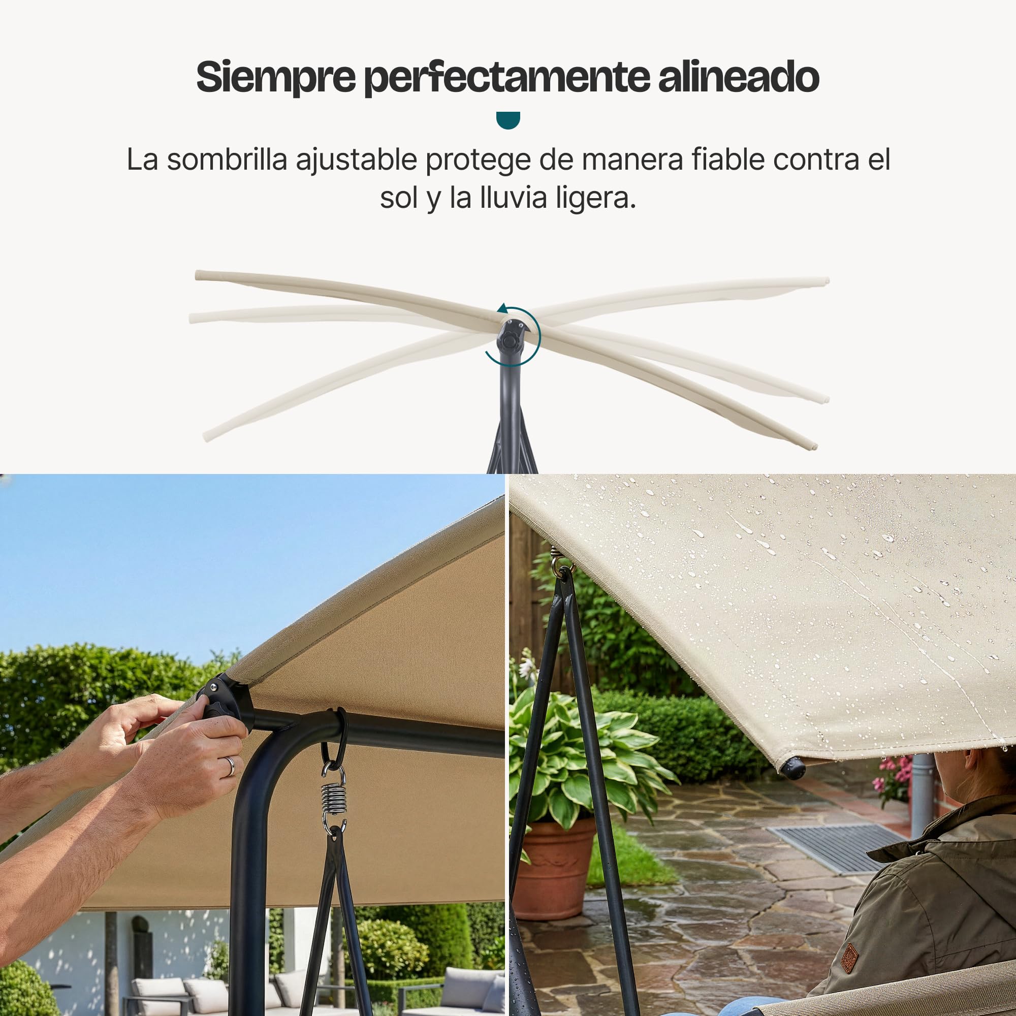 [en.casa] Balancín de Jardín Satten para 3 Personas Columpio para Exterior de 3 Plazas con Toldo Terraza Balcón Patio Resistente al UV y Agua 173 x 119 x 153 cm Acero - Verde Claro/Beige