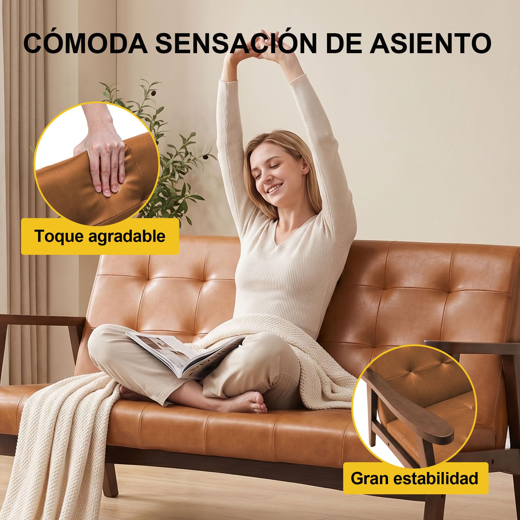 Sofá 2 Plazas de Piel Sintética con Reposabrazos, Madera Maciza
