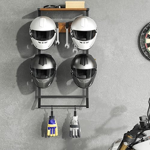 HOOBRO Motorcycle Helmet Rack Wall Mount, Helmet Holder with Hanging Rod, Storage Display Rack with 2 Glove Clamps and 4 Hooks, for Motorcycle Gear and Accessories, Rustic Brown and Black BF02TK01