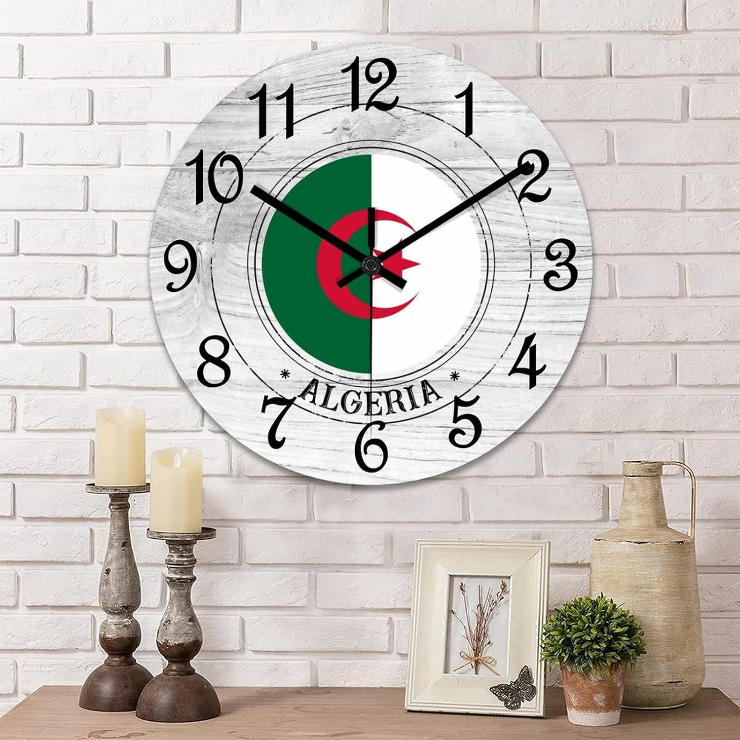 Algeria Round Wall Clock Algeria Flag Clock Wall Art Wood Clock Silent Non-Ticking Decorative Wall Clock for Living Room Bedroom Kitchen 12"