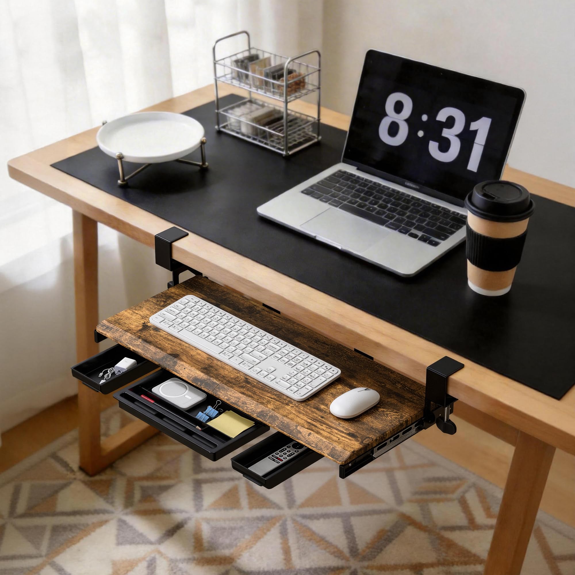 ETHU Bandeja para teclado debajo del escritorio con cajones de almacenamiento, cajón de teclado de 68 x 30 cm con abrazadera en C, estante retráctil para teclado debajo del escritorio para el hogar y
