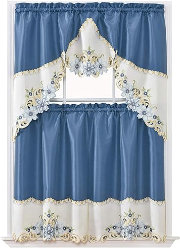 Miniatura 5 de GOHD - Juego de cortinas de cocina con diseño floral, cenefa y nivel. Bonito bordado floral a juego en el borde con cortes (beige)