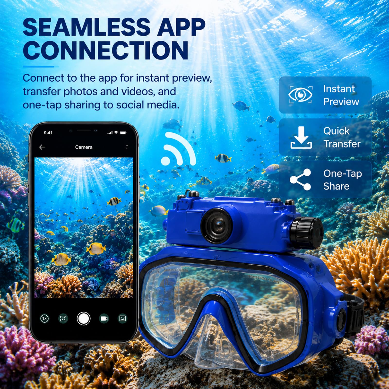 Denash Gafas de Buceo con Cámara, Máscara de Buceo para Snorkel y Uso con | Fotografía Subacuática 2K, Lente Gran Angular FOV de 100°, Soporte de Profundidad de 15M, Estabilización de Imagen con