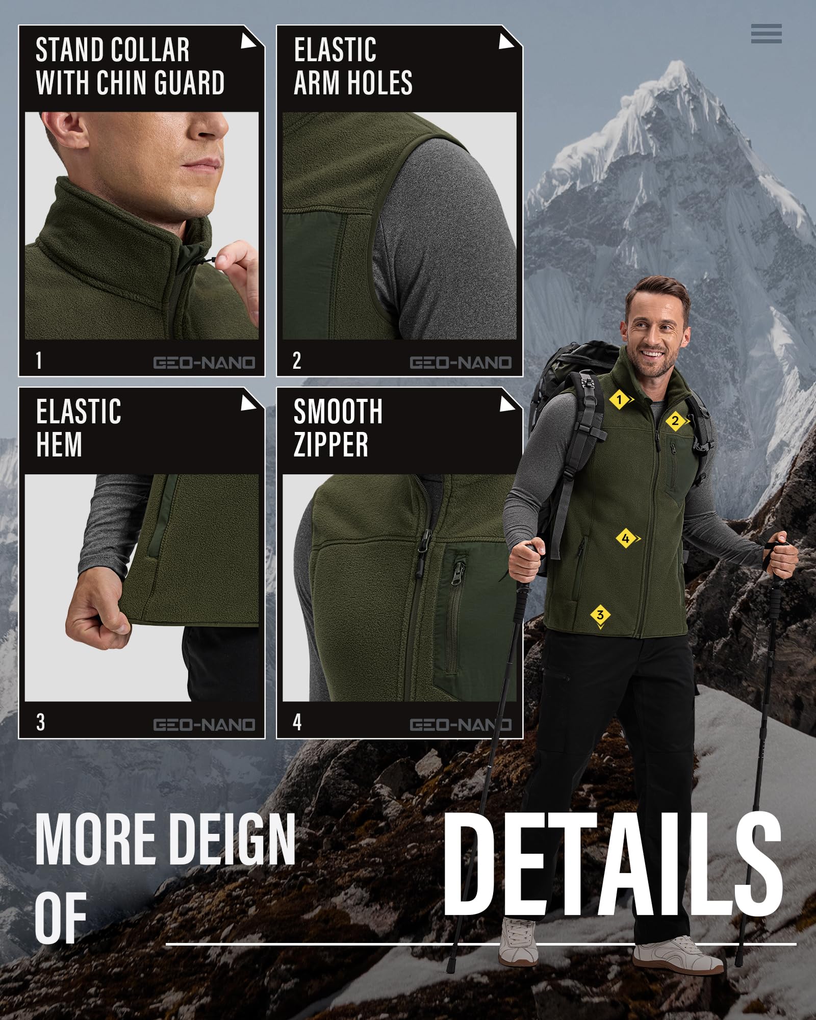 Herren Fleeceweste mit Sherpa-Futter Warme Ärmellose Jacke | Winddichte Thermoweste mit Stehkragen Outdoor Arbeitsweste 5 Taschen Full Zip Bodywarmers für Wandern Radfahren Angeln