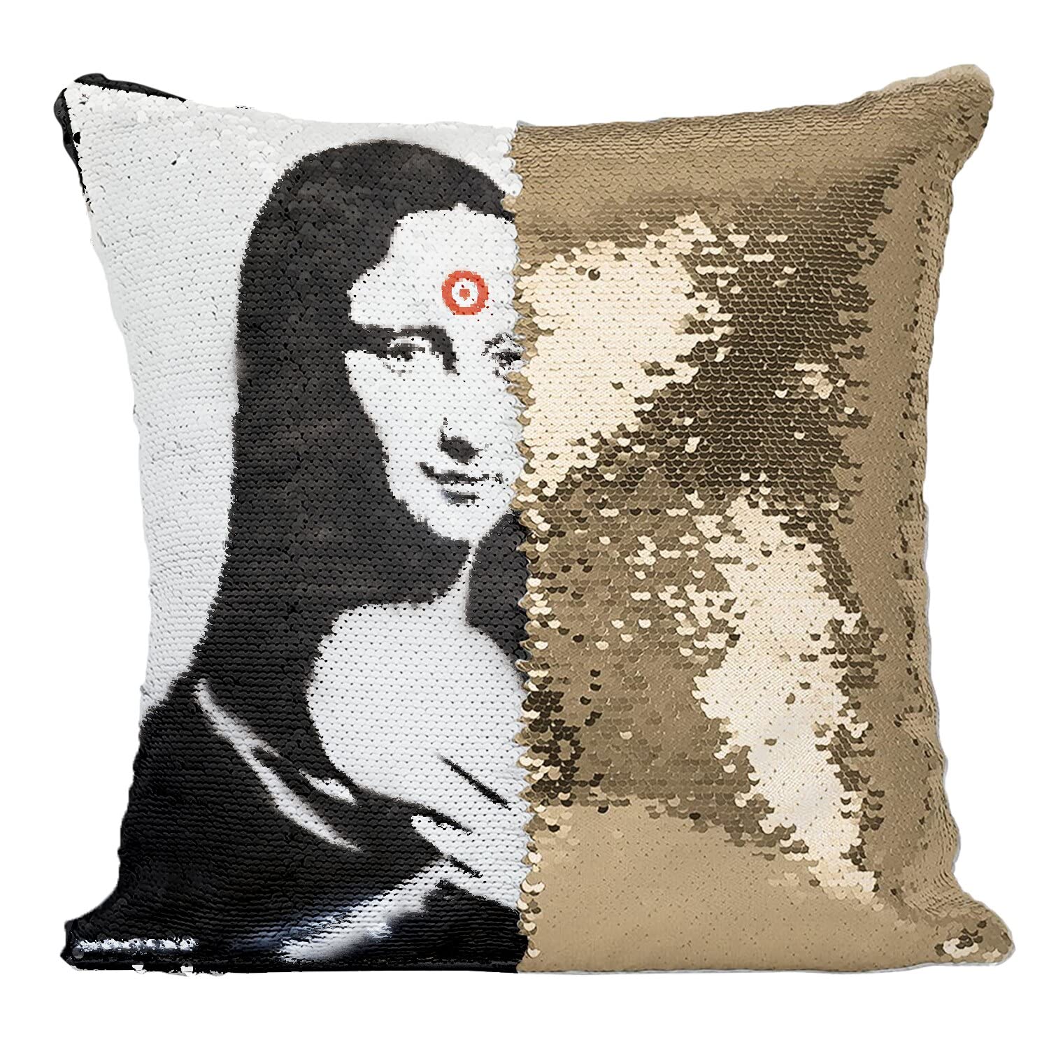 Coussin paillettes Banksy Mona Lisa pour canapé design moderne