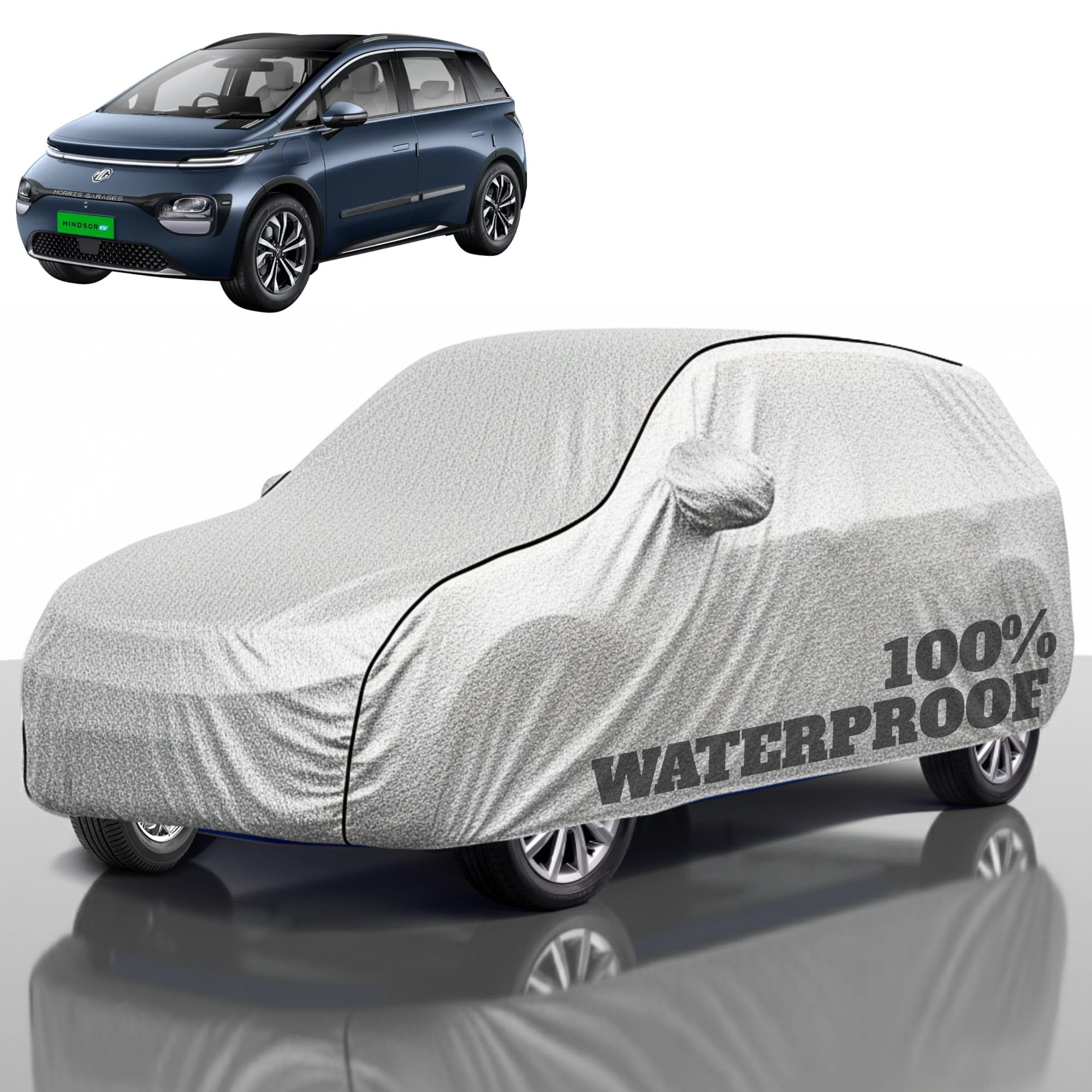 Premium Polyester Car Cover MG Windsor EV All-Weather Protection from Rain, Dust &amp; Sun | UV Resistant Fabric | Full Body Secure Fit for Outdoor &amp; Indoor Parking Silver