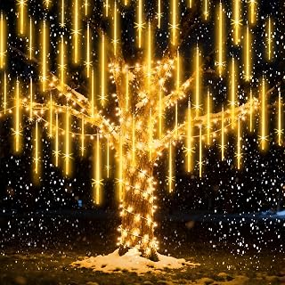 Christmas Lights Outdoor,16 Inch 20 Tubes Meteor Shower Light Falling Rain Drop String Lighting Icicle Snow Cascading Xmas String Decor for Tree Wedding Party Garden Holiday Decoration,Warm White