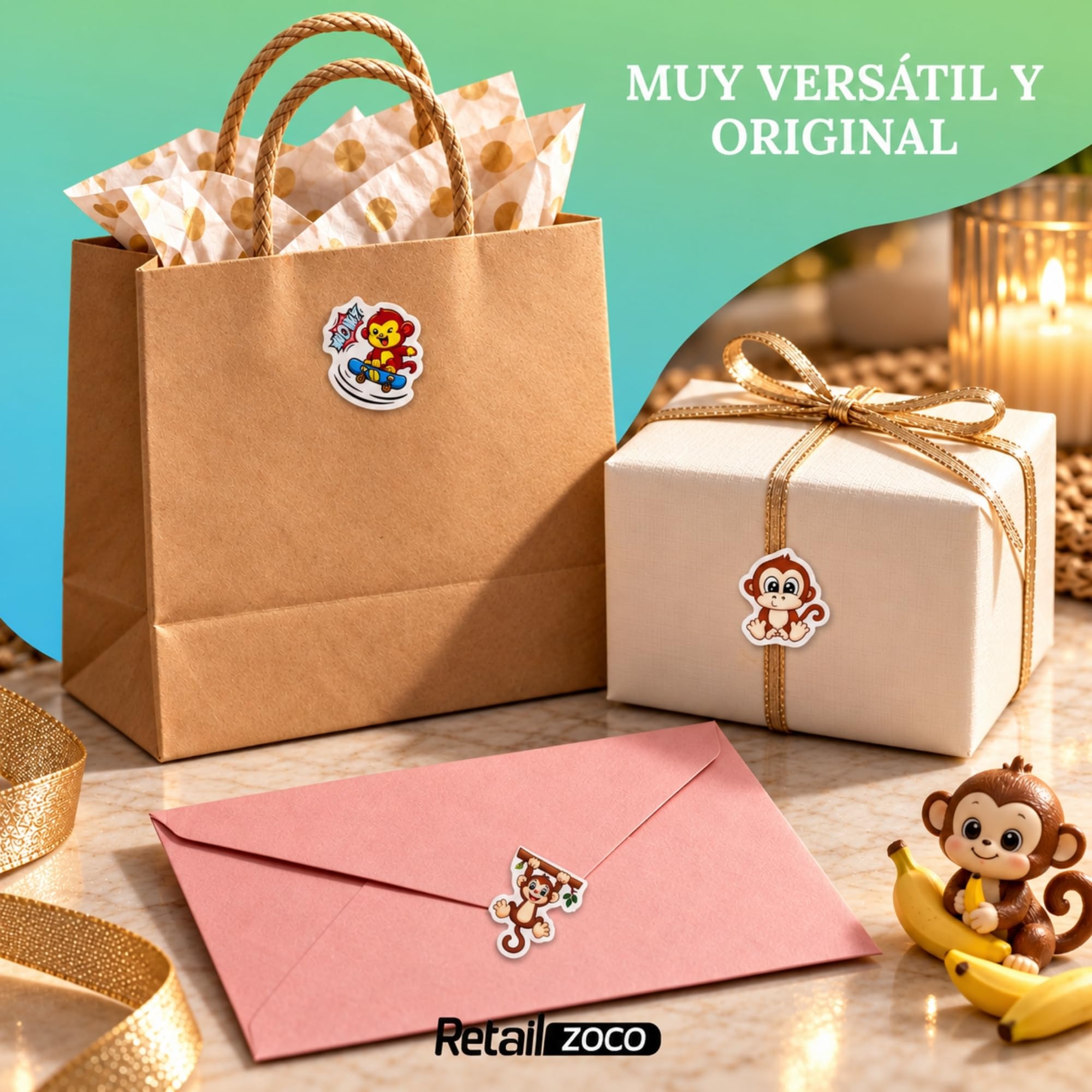 Rollo Pegatinas animales Monos para niños, animal stickers, 3 Unidades - imagen 5