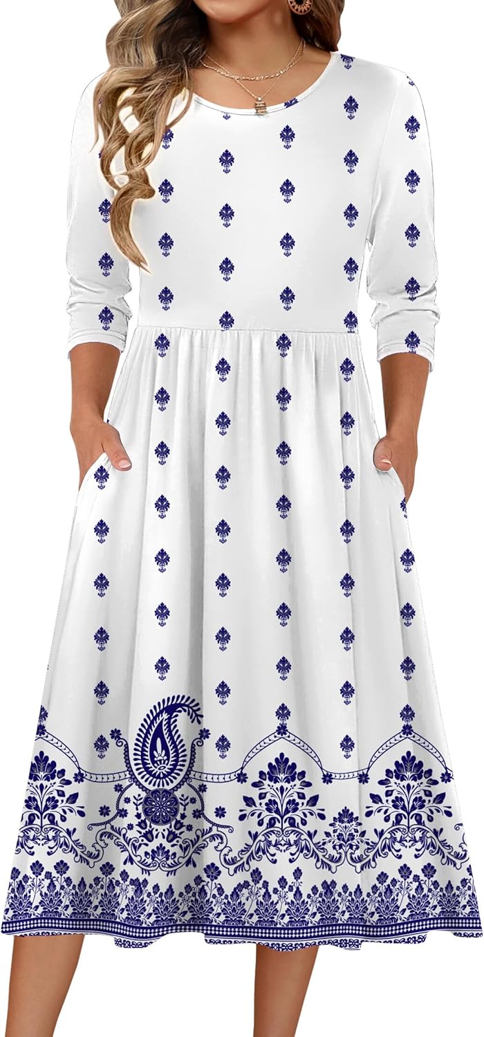 Zeagoo 3/4 Sleeve Women's Dress Casual Flowy A-Line Midi Tshirt Dresses with Pockets Crewneck Vocation Boho Beach Sundress
