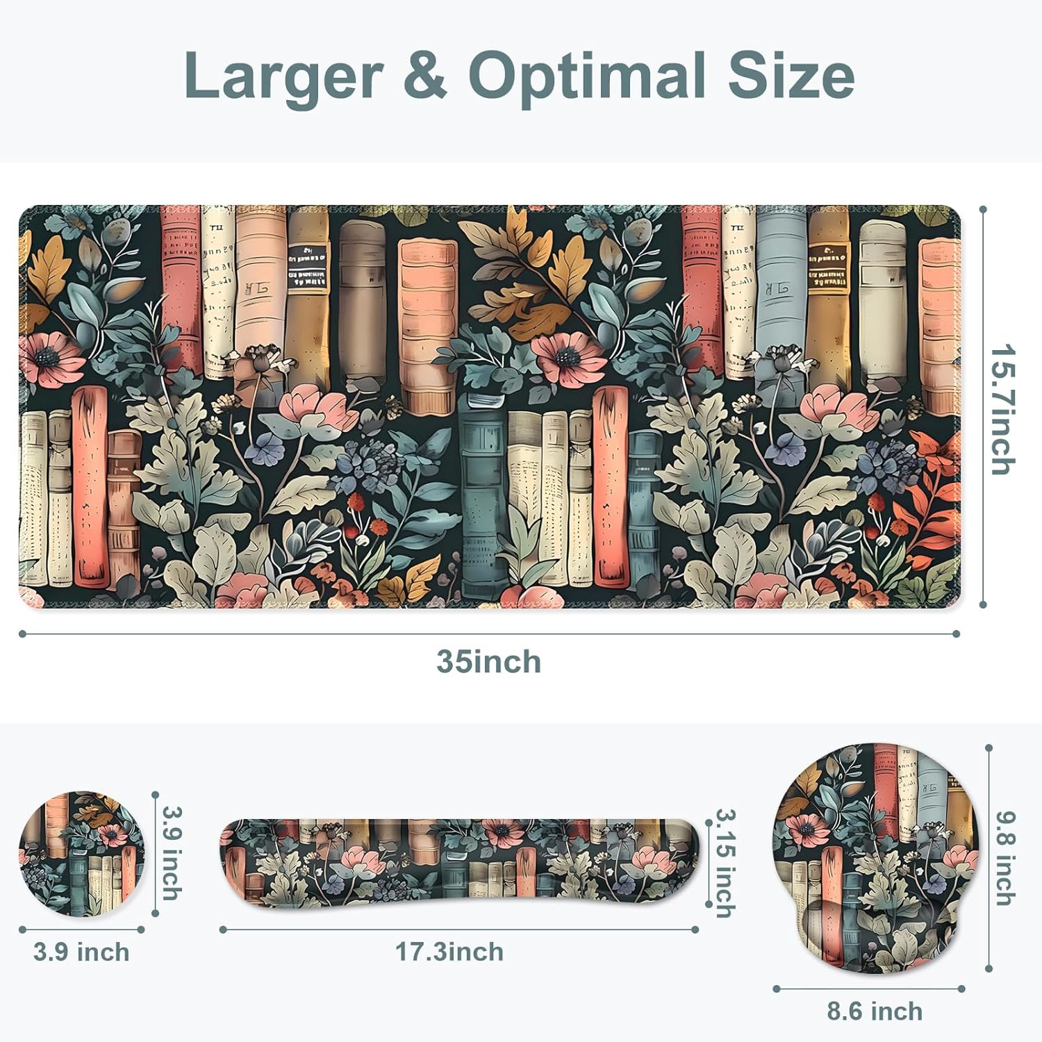 Nature Aesthetic Florals Books Mouse Pad, XXL Large Desk Mat Extended Reading Desk pad, 4PCS Non-Slip Rubber Base Computer Big Mousepads for Work, Game, Office, Home Decor Accessories I Bookworm Gift