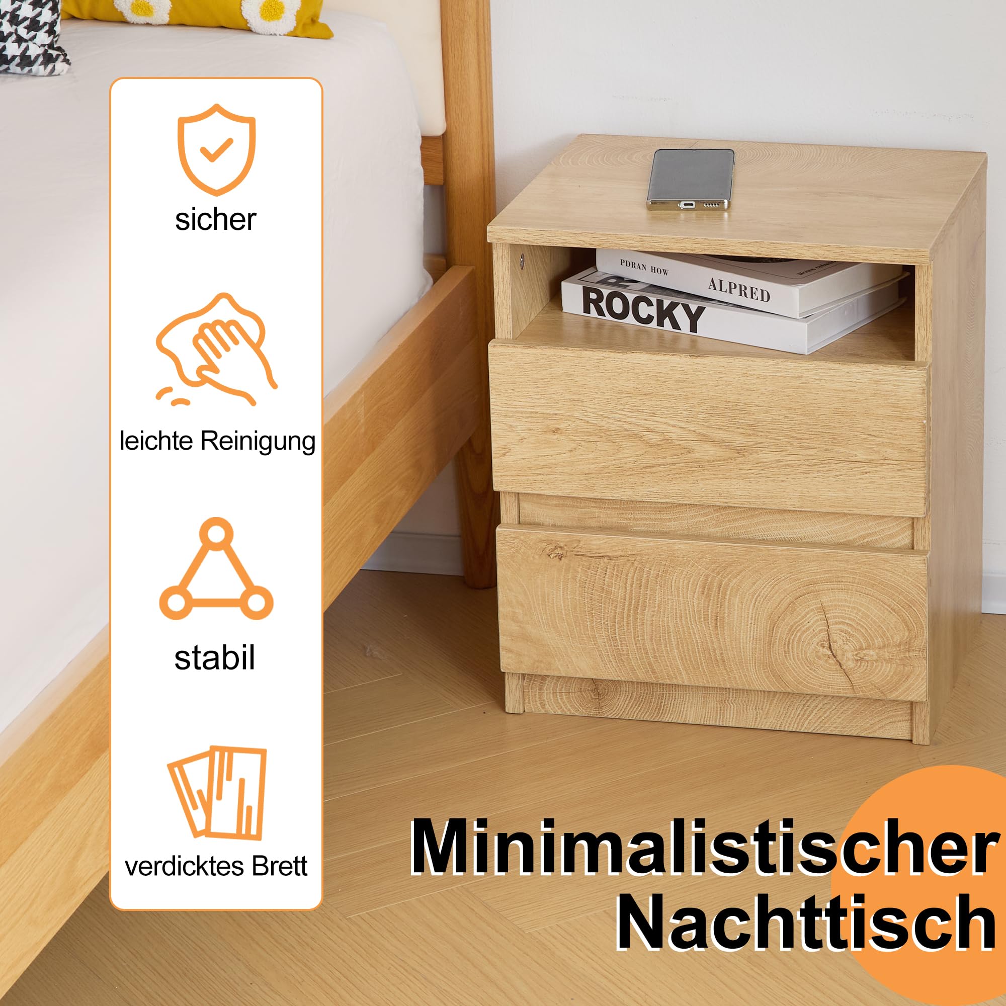 Mingone 2er-Set Nachttische mit 2 Schubladen,Nachtschrank aus Holz,Beistelltisch mit Stauraum Holzfarben für Wohnzimmer, Schlafzimmer