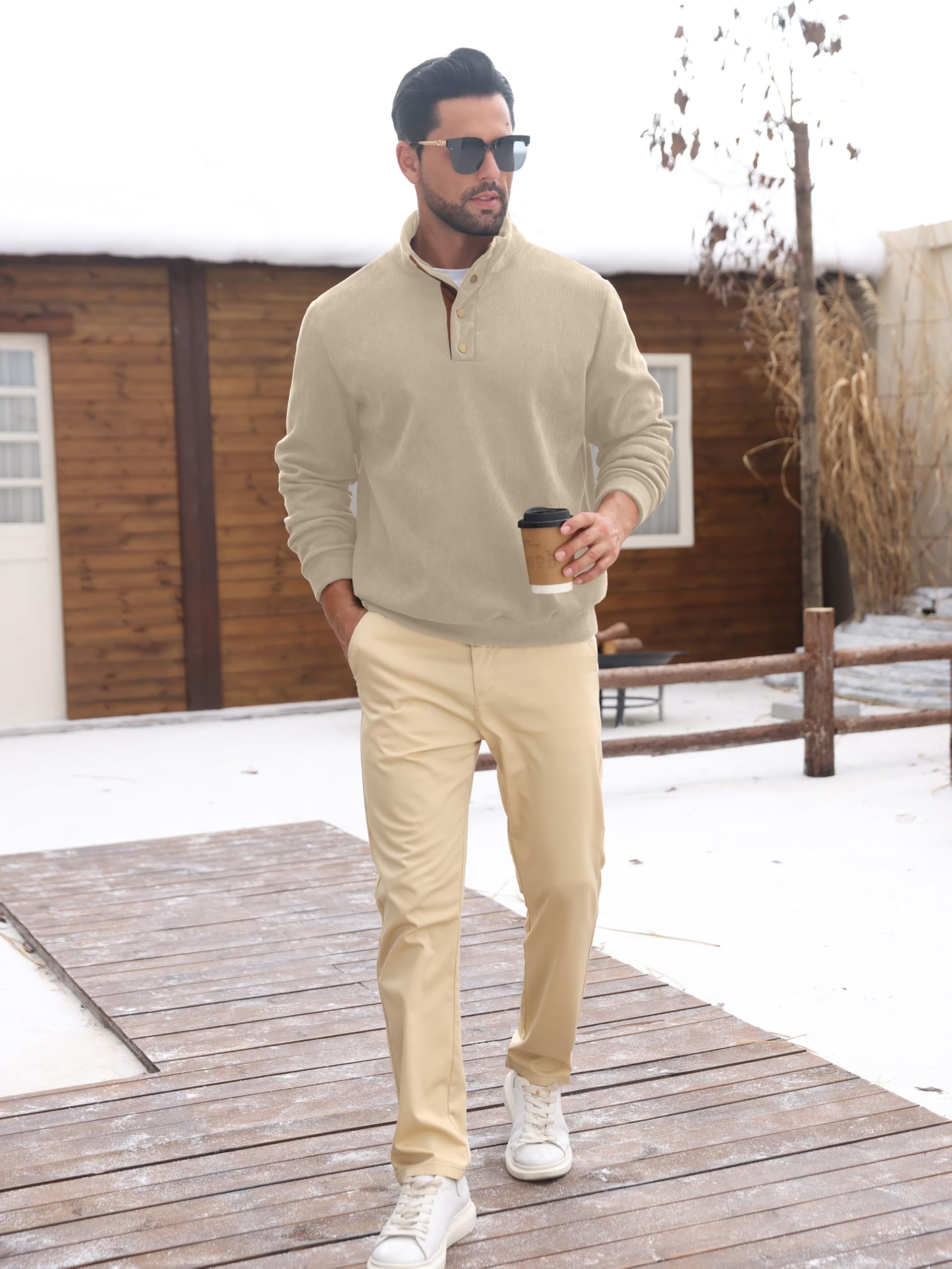QIXING Felpa da uomo con cappuccio a 1/4 Button Up Long Sleever Stand Collar Pullover