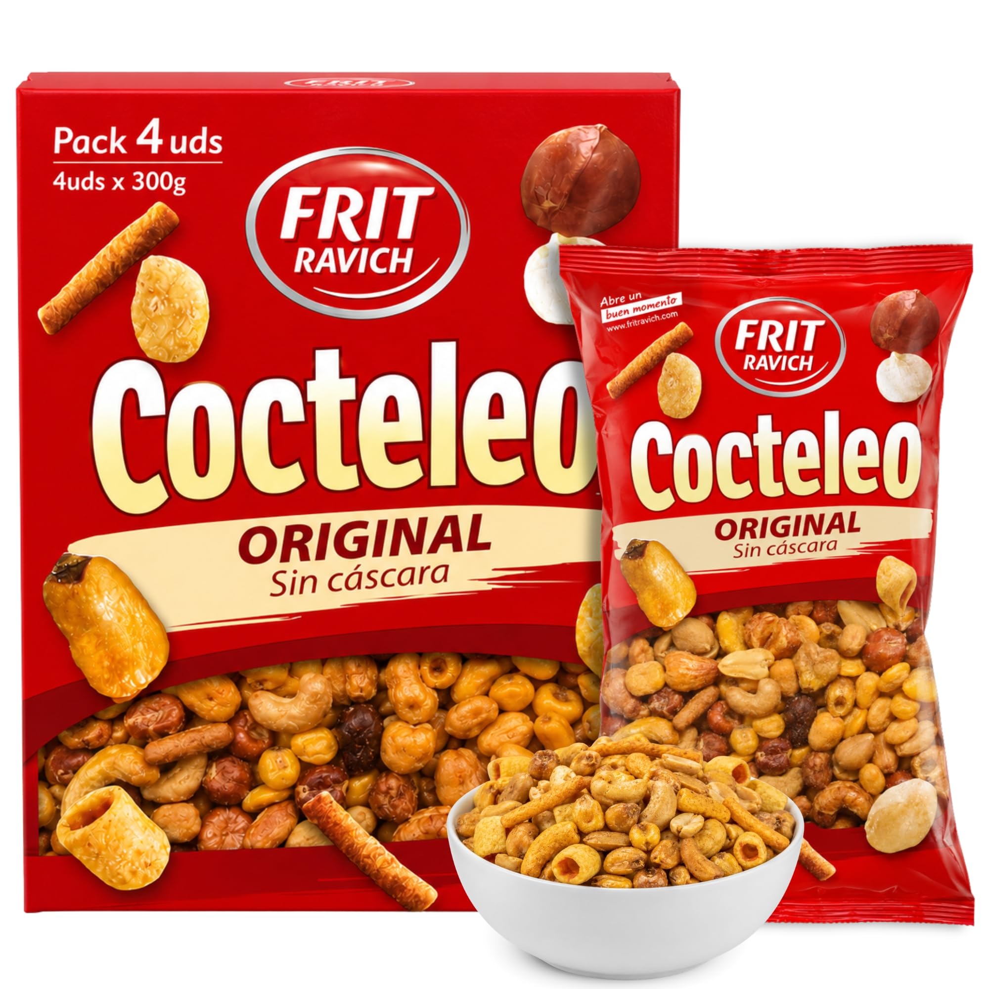 Cocktail Frutos Secos sin cascara, Cóctel de maíz y productos de aperitivo aromatizados, cacahuetes, habas, garbanzos y maíz gigante, Sin Gluten, Producto Español, Contiene 4 unidades de 300 g