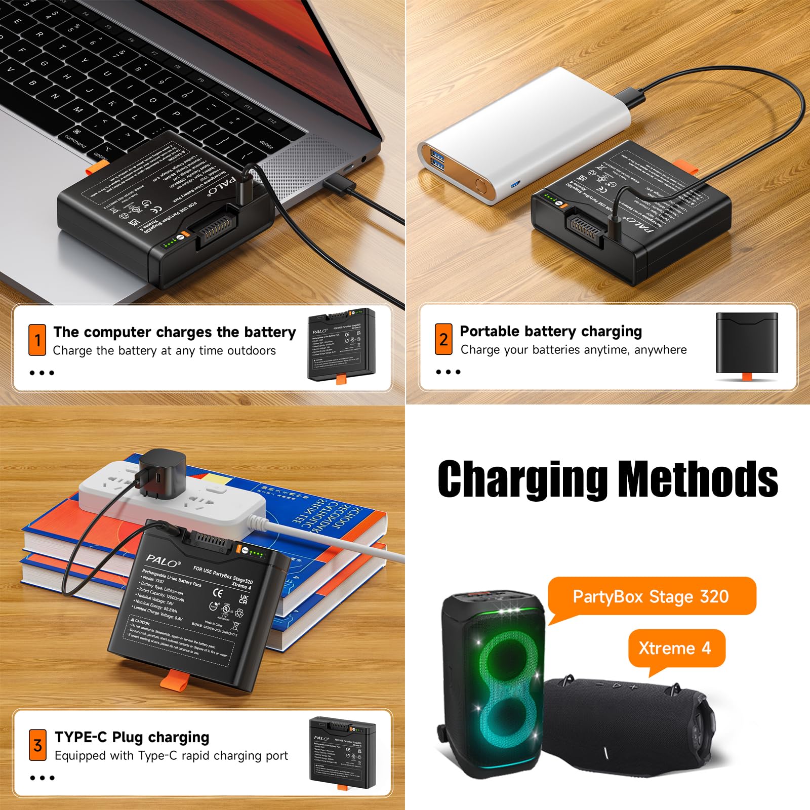 12000mAh Akku 400 für JBL Partybox Stage 320, JBL Xtreme 4-7,4V/Lithium Hochkapazitäts Batterie mit LED, Typ-C-Eingang