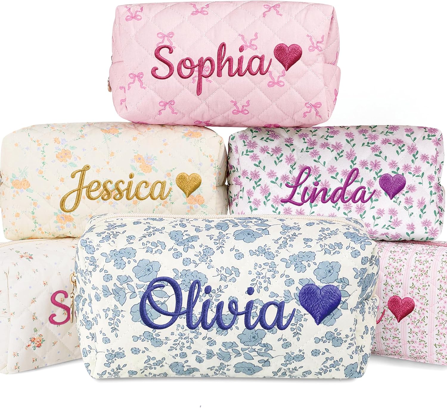 Personalized Makeup Bag with Embroidered Name, Custom Cotton Floral Travel Toiletry Bag Cosmetic Bag Women Girls Bridesmaid Gifts for Wedding Day