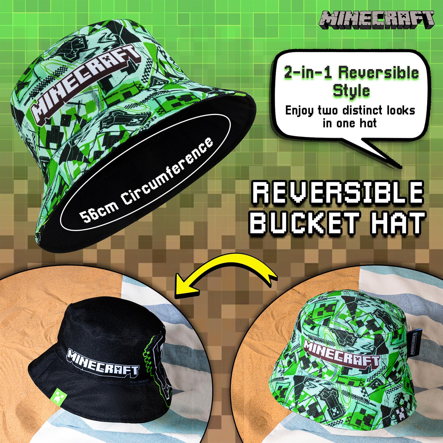 Minecraft Cappello alla pescatora per ragazzi, cappello estivo per ragazzi, design reversibile, cappello da gioco, verde, Verde