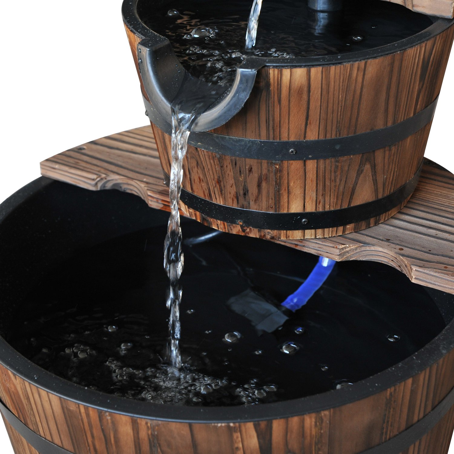 Outsunny Fuente de Agua de Madera Fuente de Jardín en Cascada de 2 Niveles con Bomba Eléctrica y Salida de Agua Ajustable para Decoración Patio Terraza 44,5x44,5x58,5 cm Natural
