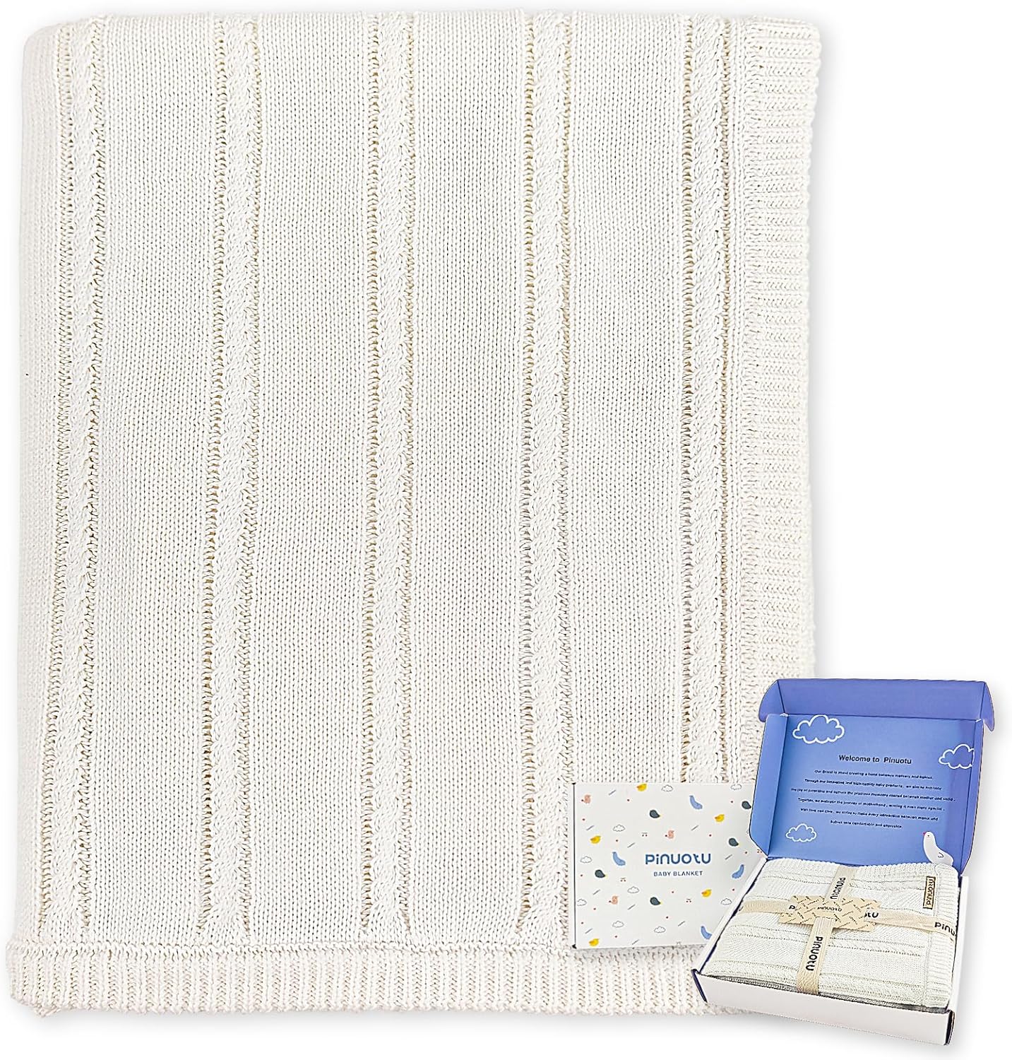 Baby Blanket – Cable Knit Cotton Swaddle for Newborns, Neutral Receiving Blanket for Boys & Girls, Crib or Stroller, Nursery Essentials, 31×40 Inch, with Gift Box (White)
