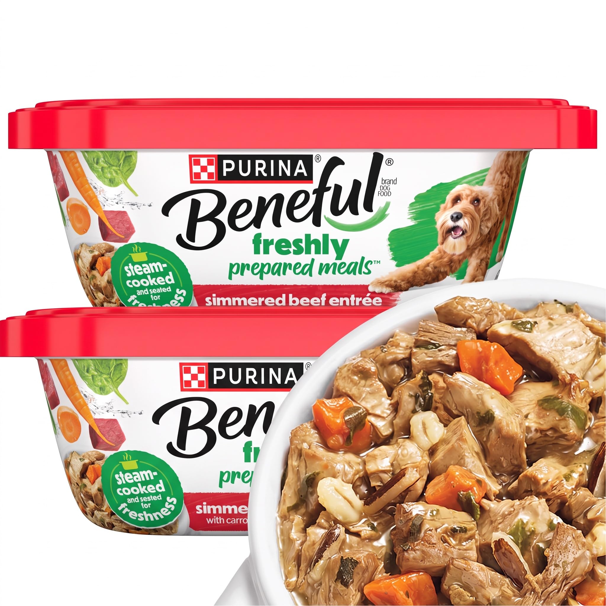 Beneful Purina Dog Food Freshly Prepared Meals Simmered Beef Entree with Carrots, Barley, Wild Rice and Spinach - 10 oz. Tubs, 8 Count (Pack of 2)