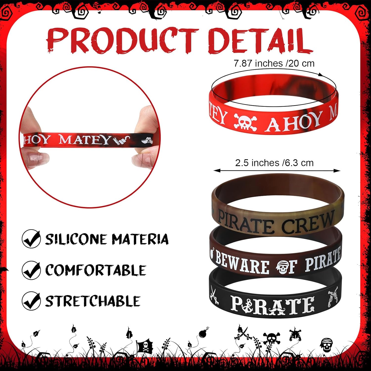 Capoda 60 Pcs Pirate Party Decorations Include 30 Pirate Rubber Bracelets and 30 Pirate Button Pins Badges for Birthday Adventure Carnival Pirate Party Favors Supplies Halloween Costume