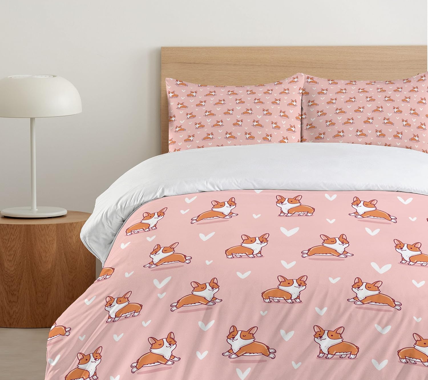 Ambesonne Dog Lover Duvet Cover Set, Little Corgi Jumping Running and Standing Cartoon Hearts Background, Decorative 3 Piece Bedding Set with 2 Pillow Shams, King Size, Coral Orange White King Coral Orange White