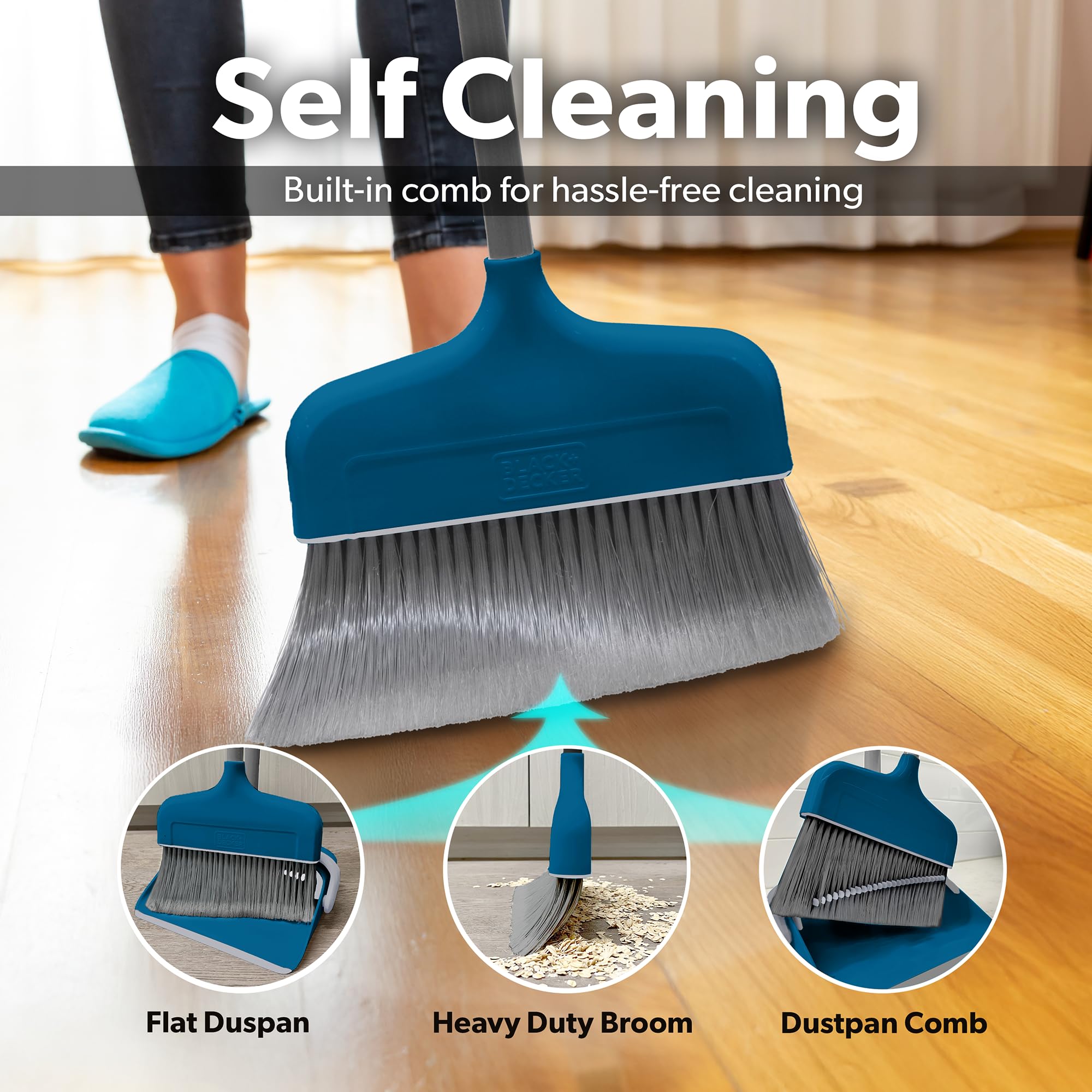BLACK+DECKER Juego de escoba y recogedor de mayordomo, diseño de pie, ligero, combo que ahorra espacio para cocina, sala de estar, baño, suelos de vestíbulo, esencial para limpieza del hogar, azul
