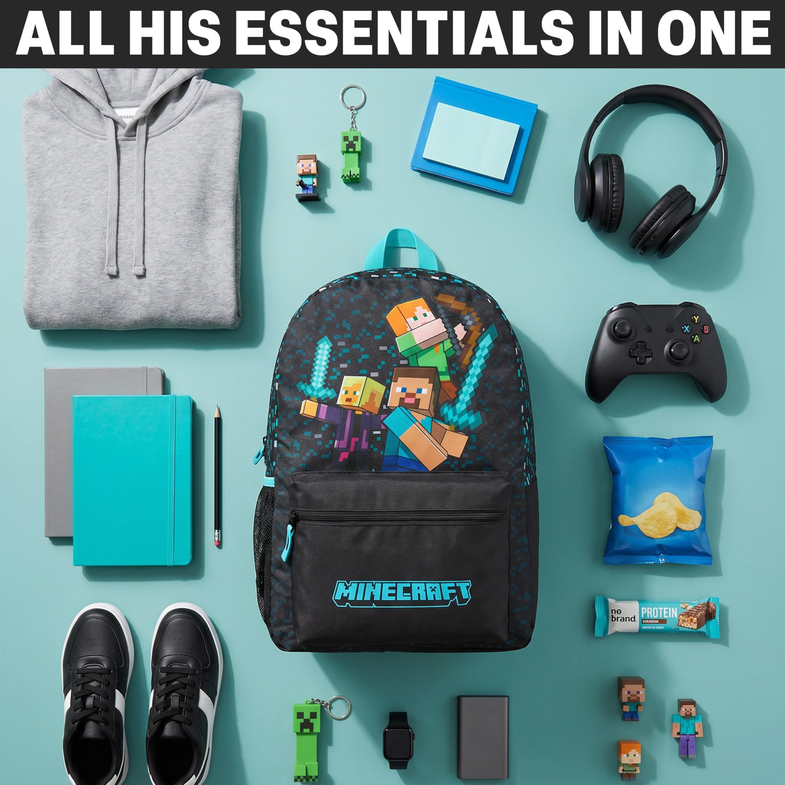 Get Trend Minecraft Sac a Dos Garcon, Fermeture Eclair et Cartable Bandoulière Réglable, Pour École ou Voyage, Cadeau Garcon (Bleu/Noir Minecraft)