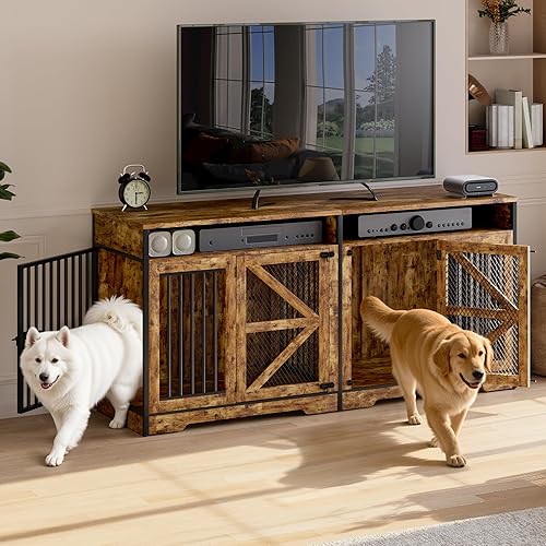 Donox Mueble de jaula para perros para 1 o 2 perros, doble perrera con divisor extraíble y puertas dobles, mesa consola de madera resistente para