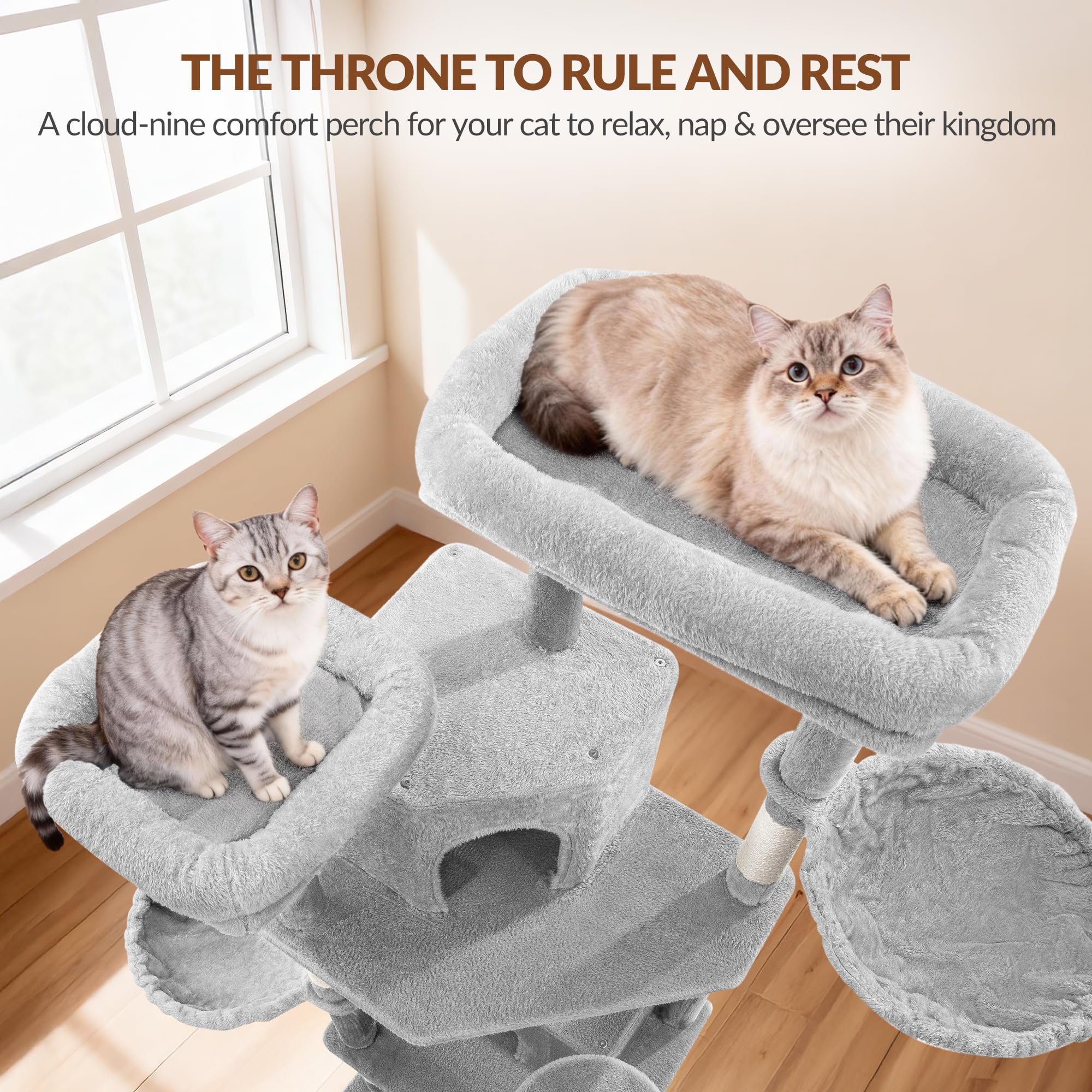 Árbol Rascador para Gatos 175 cm, Torre para Trepar, Gris Claro | Postes Rascadores, 2 Cómodas Casetas, 2 Perchas, 2 Cestas, Hamaca, para Uso en Interiores FPMS006FG1