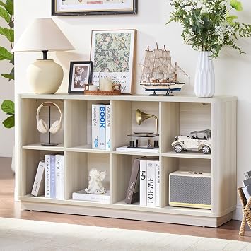 LELELINKY 8 Cube Storage Bookcase, 53" Wide Wooden Book Shelf with Thickened Base, Freestanding 2-Tier Open Book Case Unit with Curved Edge, Cube Organizer Shelf for Living Room & Bedroom, Oak White