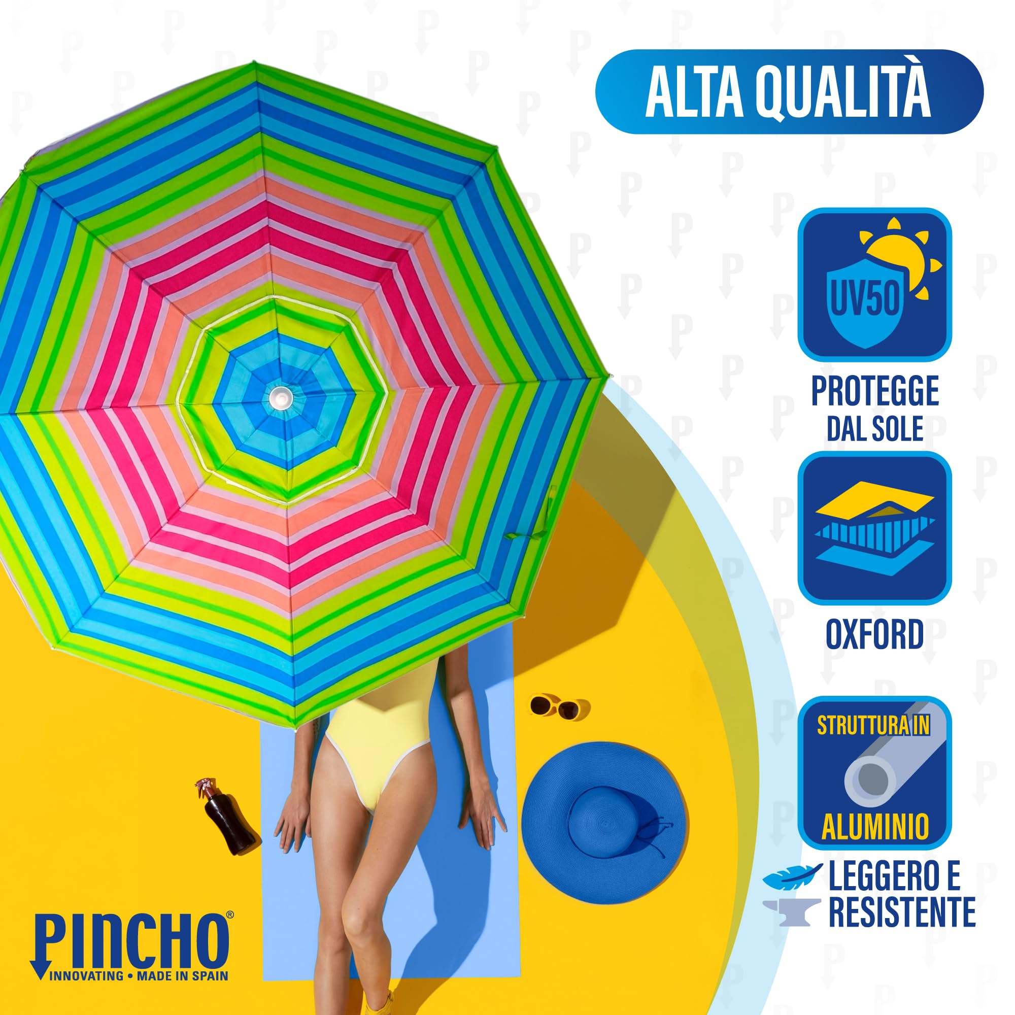 Pincho Ombrellone da spiaggia grande Ø200 cm, antivento, protezione UV 50, materiali di qualità, tubo di alluminio, aste in fibra di vetro, bastone reclinabile, include spiedino con punta in ALU