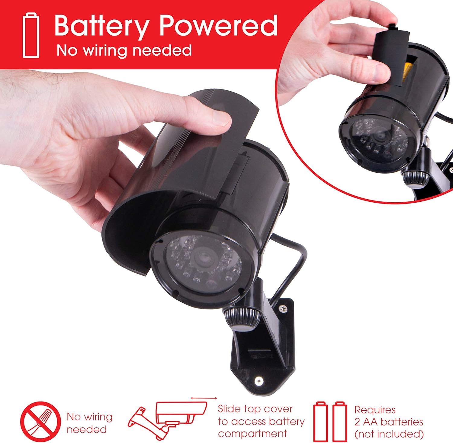 GE Power Gear Decoy Security Bullet Camera with Flashing Red Light, Blinking LED, Fake Surveillance, Realistic Looking Recording Lens, Indoor/Outdoor Use, Wireless, Black, 40661 (Pack of 2)