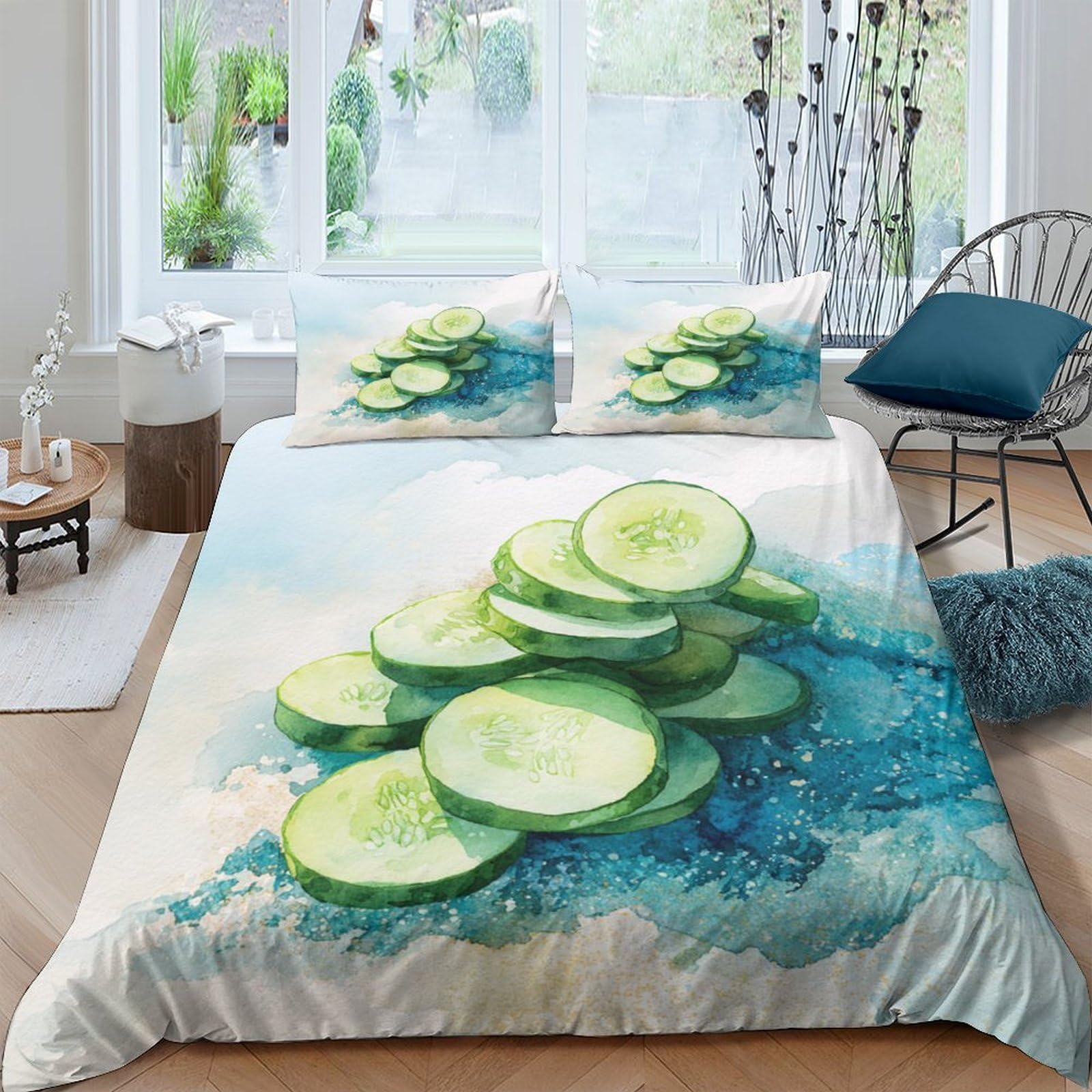 Ctjqhvkz Style-3 3D Printed Cucumber Slice Fitted Sheet Microfiber Soft Green Watercolor Bed Cover For Bedroom Dorm Easy Care Decor Single（135X200cm）