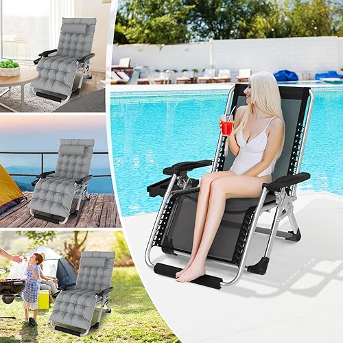 Miniatura 7 de Suteck Silla de gravedad cero de gran tamaño de 33 pulgadas XXL con cojín extraíble, sillas de salón para exteriores, sillón reclinable con soporte