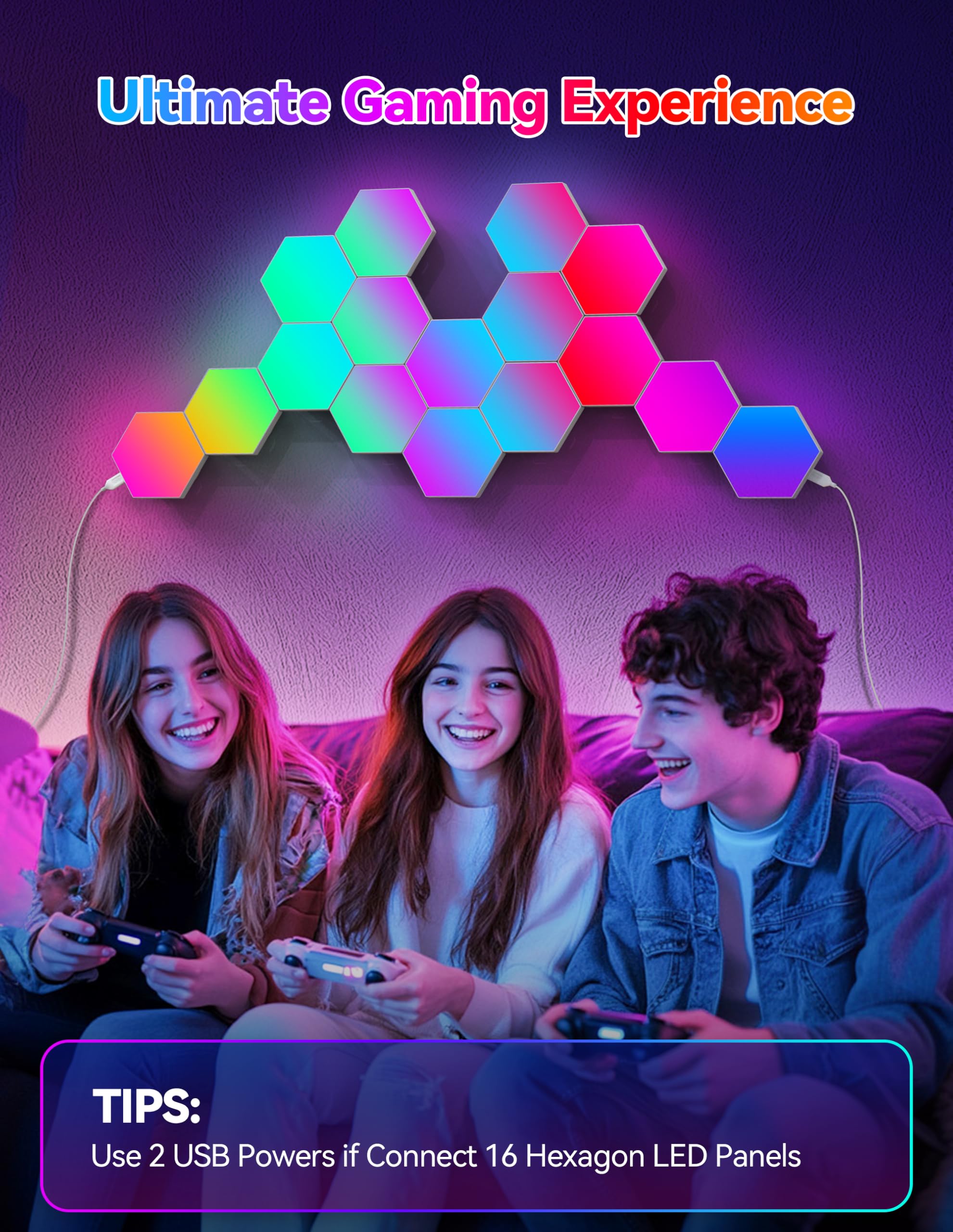 TECKNET Hexagon Light Panel - 8 Pack Smart APP RGB Hexagon LED Lights Wall Lights with Remote Control & Music Sync for Halloween Decor, Gaming Decor