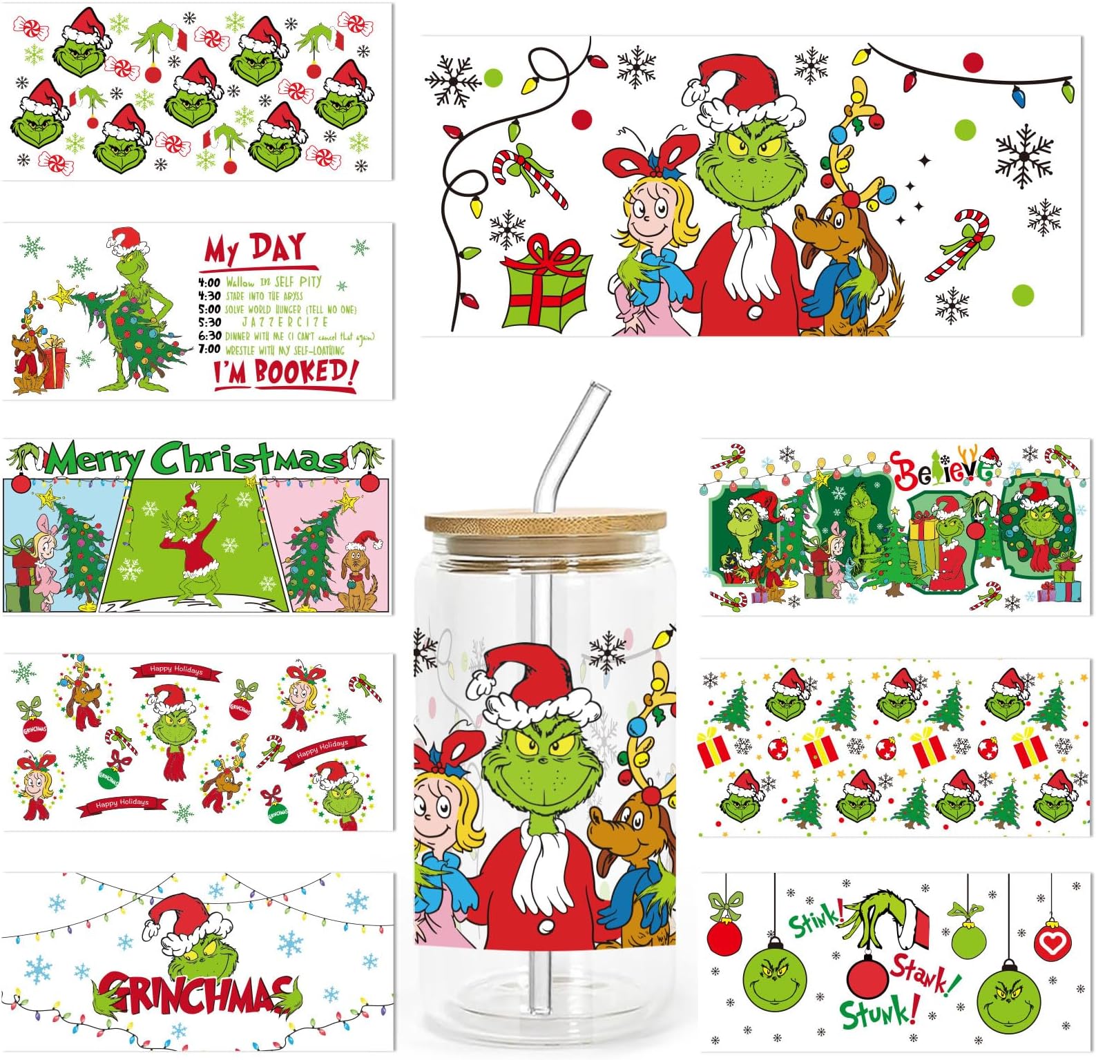 GYGOT 9 Sheets Grinchs UV DTF Cup Wrap Transfer for Glass 16OZ,Grinchs Christmas Rub on Transfers for Crafts,Waterproof UV DTF Transfer Stickers for Cups Furniture Wood, 9.5x4.3In