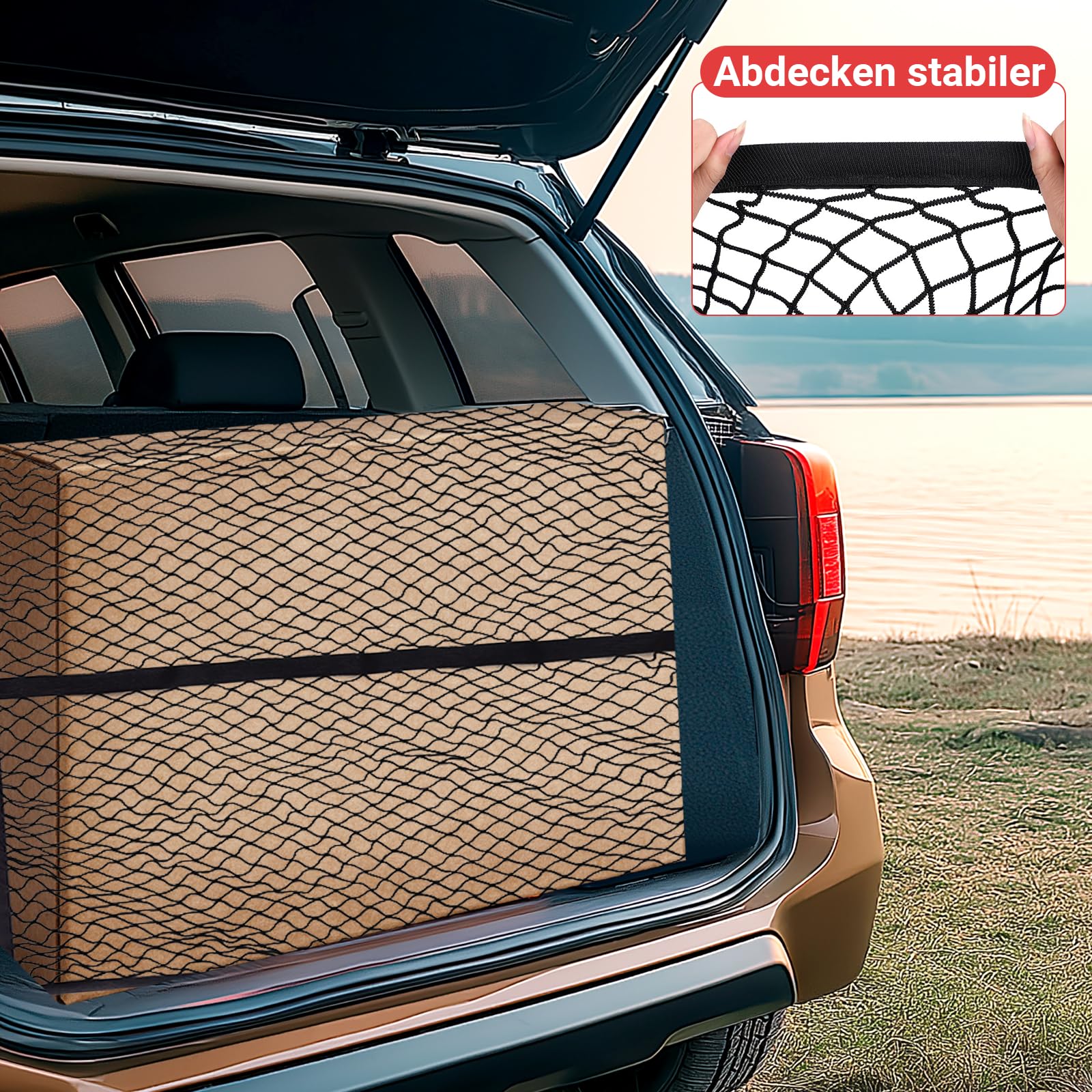 Filet de coffre de 1,2 x 1,2 m extensible jusqu'à 2,1 m x 2,1 m - Filet à bagages hautement élastique - Filet de sécurité pour coffre - Avec 8 mousquetons en acier - Pour la plupart des