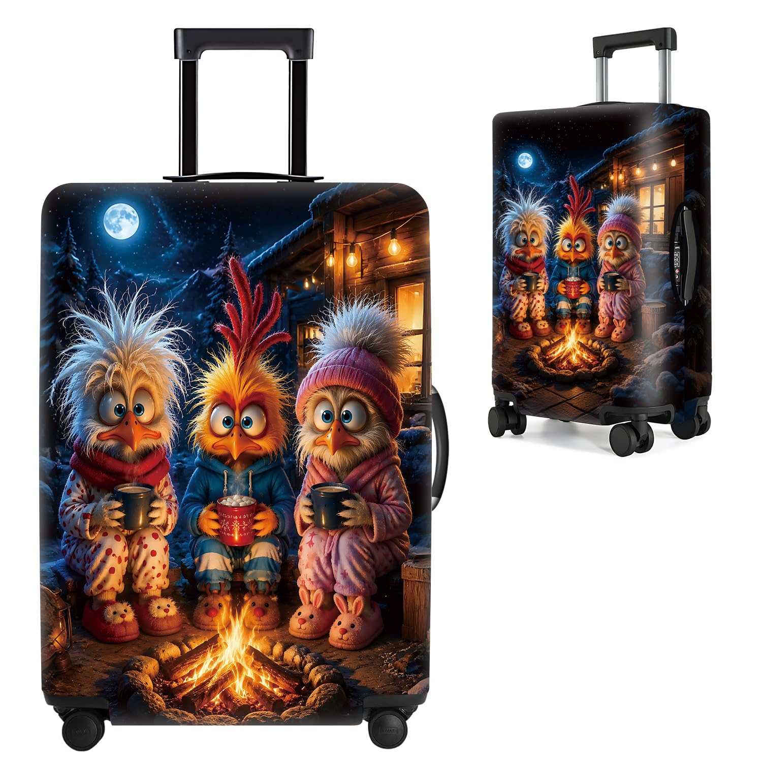 Funny Winter Birds Campfire Luggage Cover Protective Suitcase Protector, Cute Cozy Owl Chick Elastic Washable Travel Baggage Cover Fits 24-26 Inch Suitcase, Cool Christmas Holiday for Men Women,M