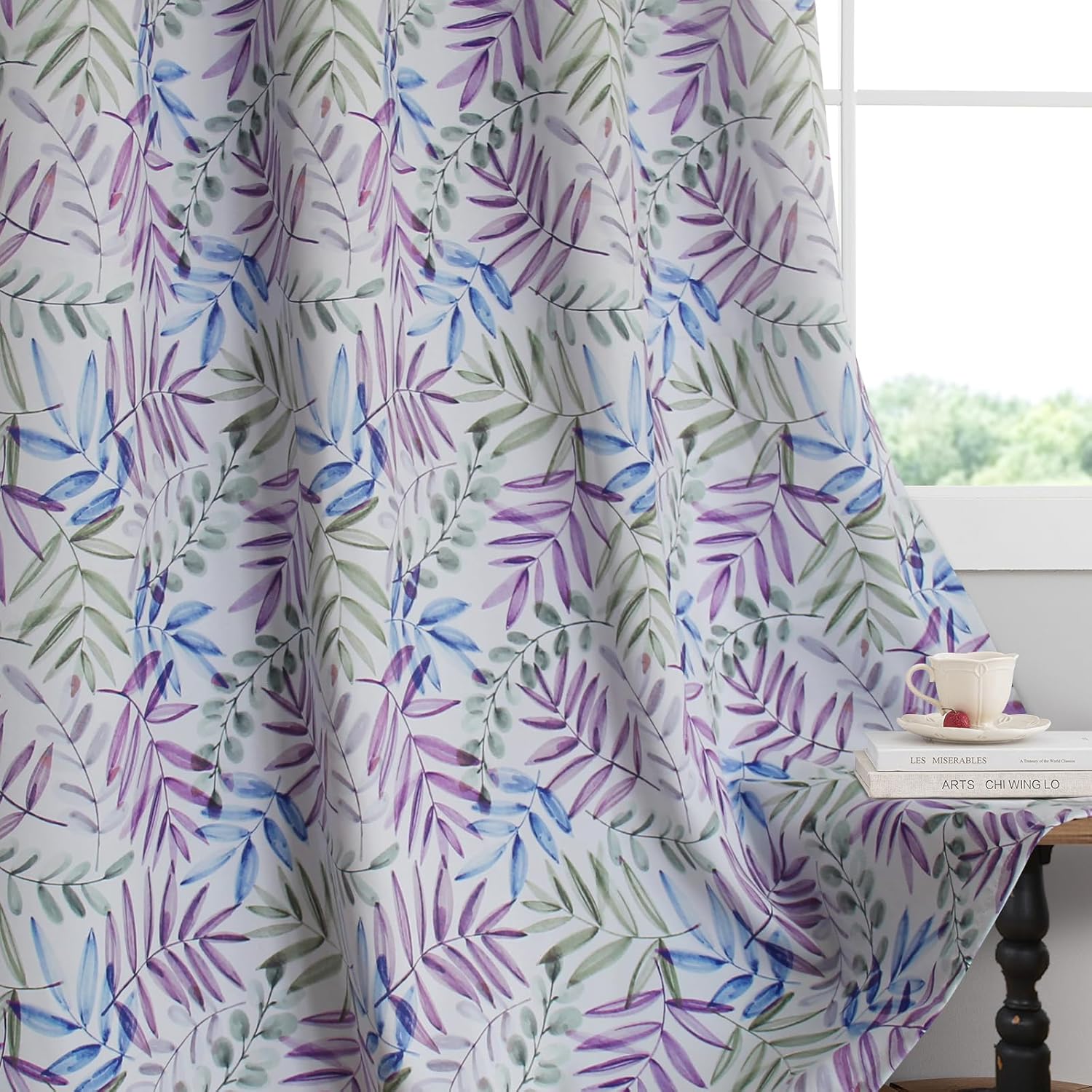 SimpleHome 100% Blackout Curtains for Bedroom, Floral Curtains 84 inches Long Purple Green Blue Drapes Grommet 2 Panels Set Leaf Patterns