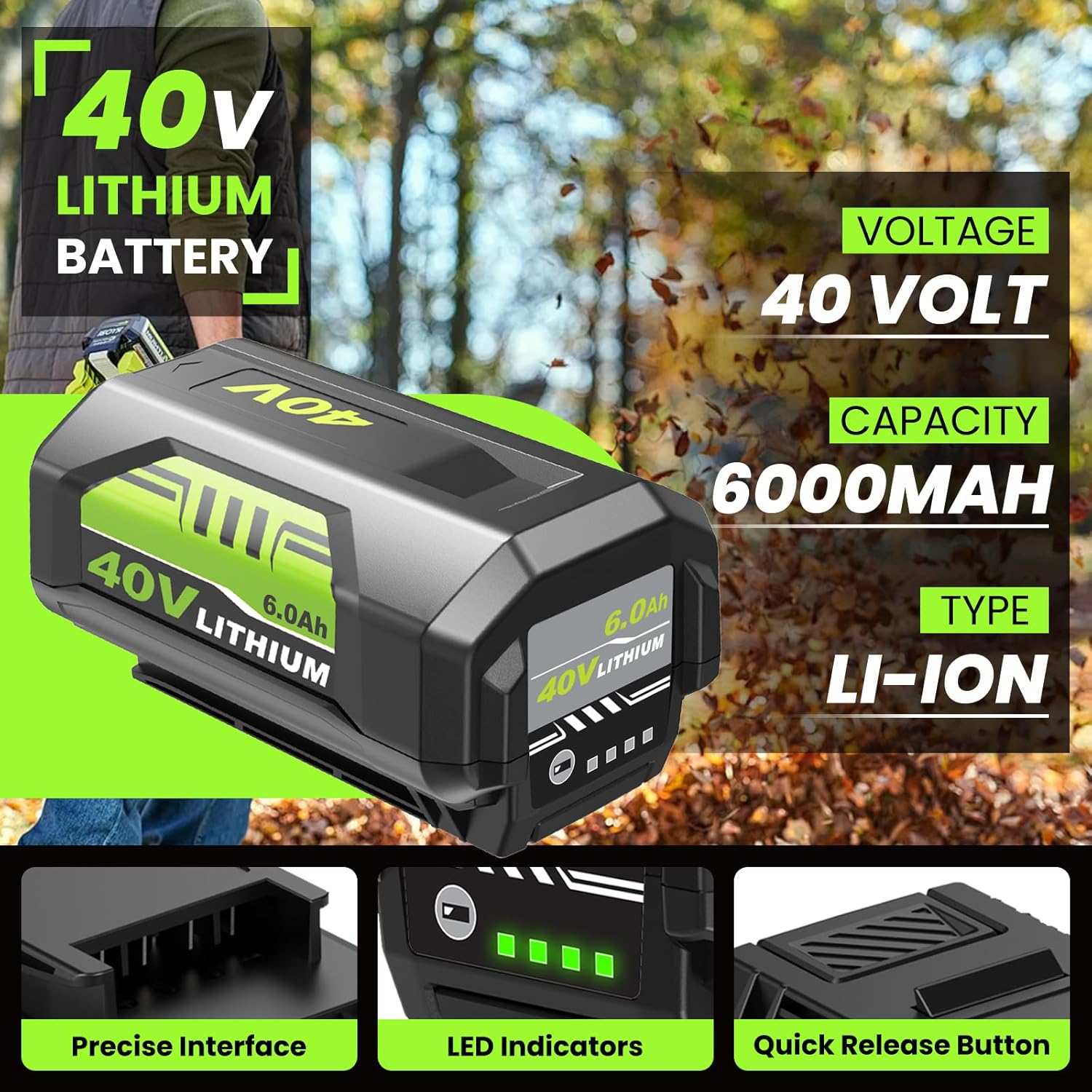 2Pack 6000mAh OP4026 Replacement for Ryobi 40V Battery and OP401 Charger Compatible with Ryobi 40 Volt Battery Lithium OP40261 OP4050 OP4040 OP40401 OP40201 OP40601 Cordless Power Tools (6.0Ah-Green)
