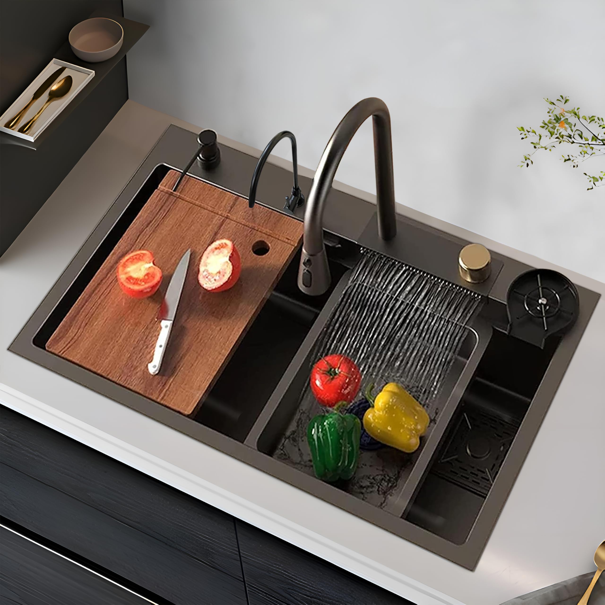 Plantex Premium 30"x18"x9" Inch Waterfall Kitchen Sink with Anti Scratch Honeycomb Design/Luxurious Sink for Kitchen with Pull Down Faucet - Multifuctional Modern Sink (Nano Black) (B0CW98WDFX) Amazon Price History, Amazon Price Tracker