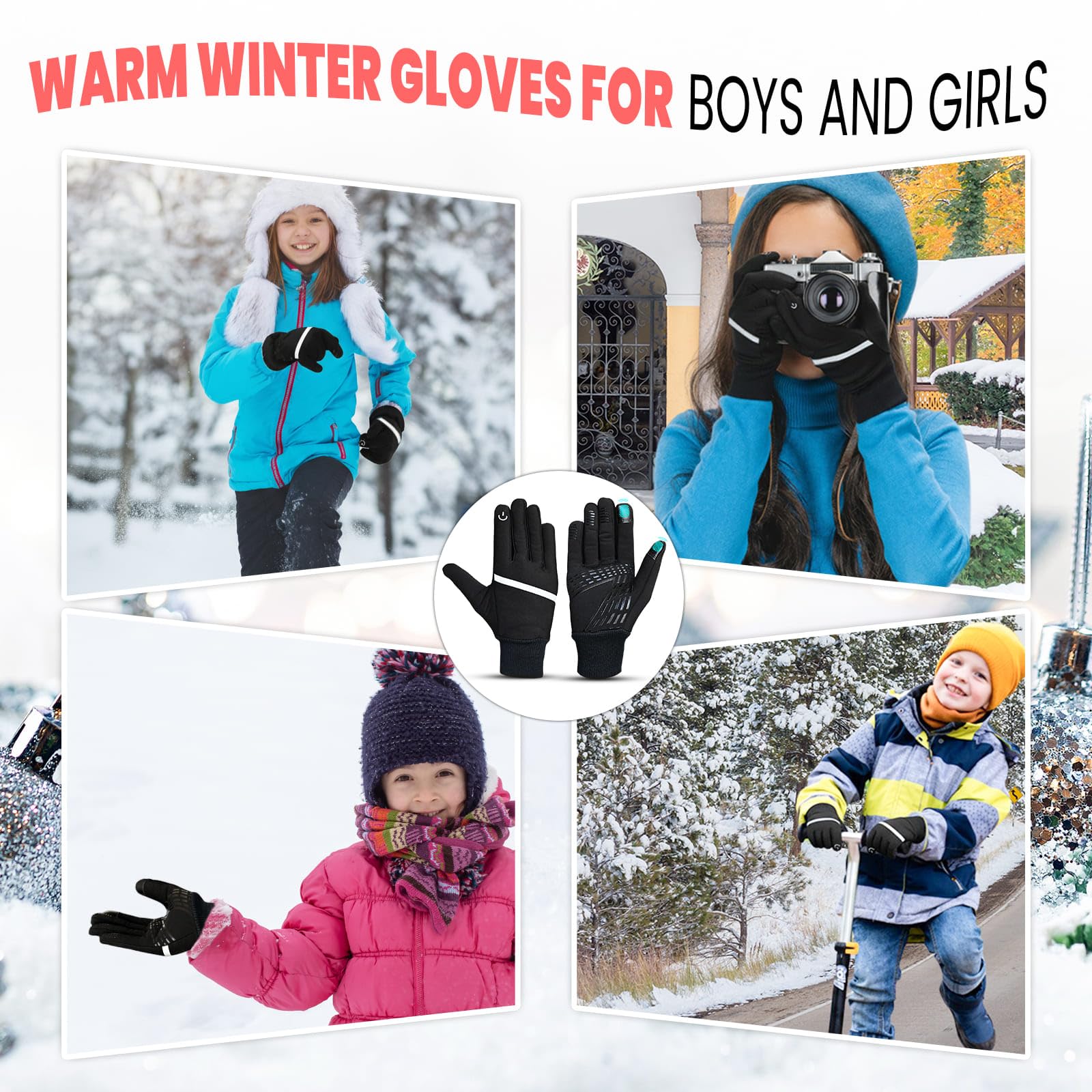 WESTWOOD FOX WFX - Guantes térmicos de invierno para niños, antideslizantes, cálidos, resistentes al viento, guantes de ciclismo para niños y niñas, 6-12, para correr, deportes de fútbol al aire libre