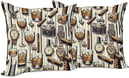 Miniatura 8 de Ambesonne Man Cave - Juego de 2 fundas de cojín con diseño masculino con relojes de whisky helado, cámara de fotos retro de cigarros, decoración de