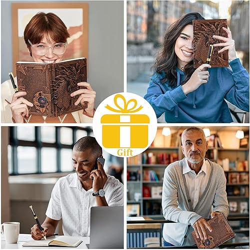 Miniatura 6 de FEIDIAO Cuaderno vintage DND Journal 3D de cuero en relieve con bolígrafo y funda para bolígrafo. Diario de viaje A5 hecho a mano, forro de tapa