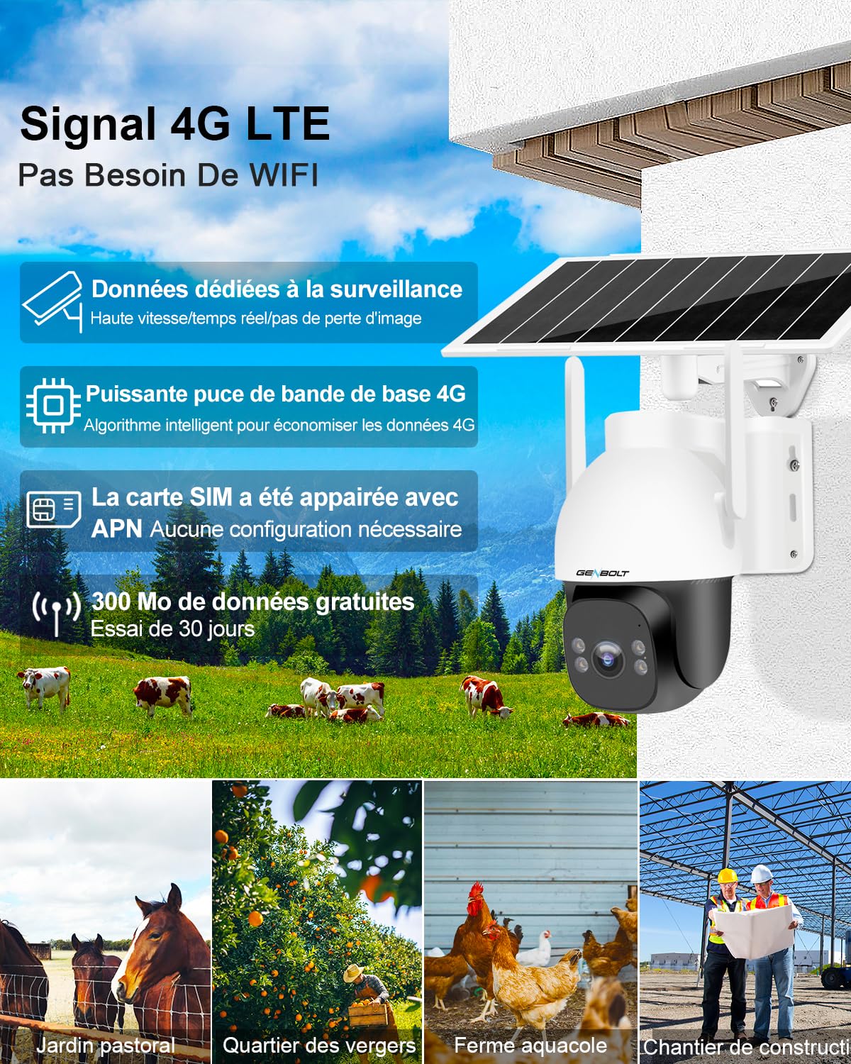 GENBOLT Caméra Surveillance Solaire 3G/4G LTE 2K Extérieure sans Fil