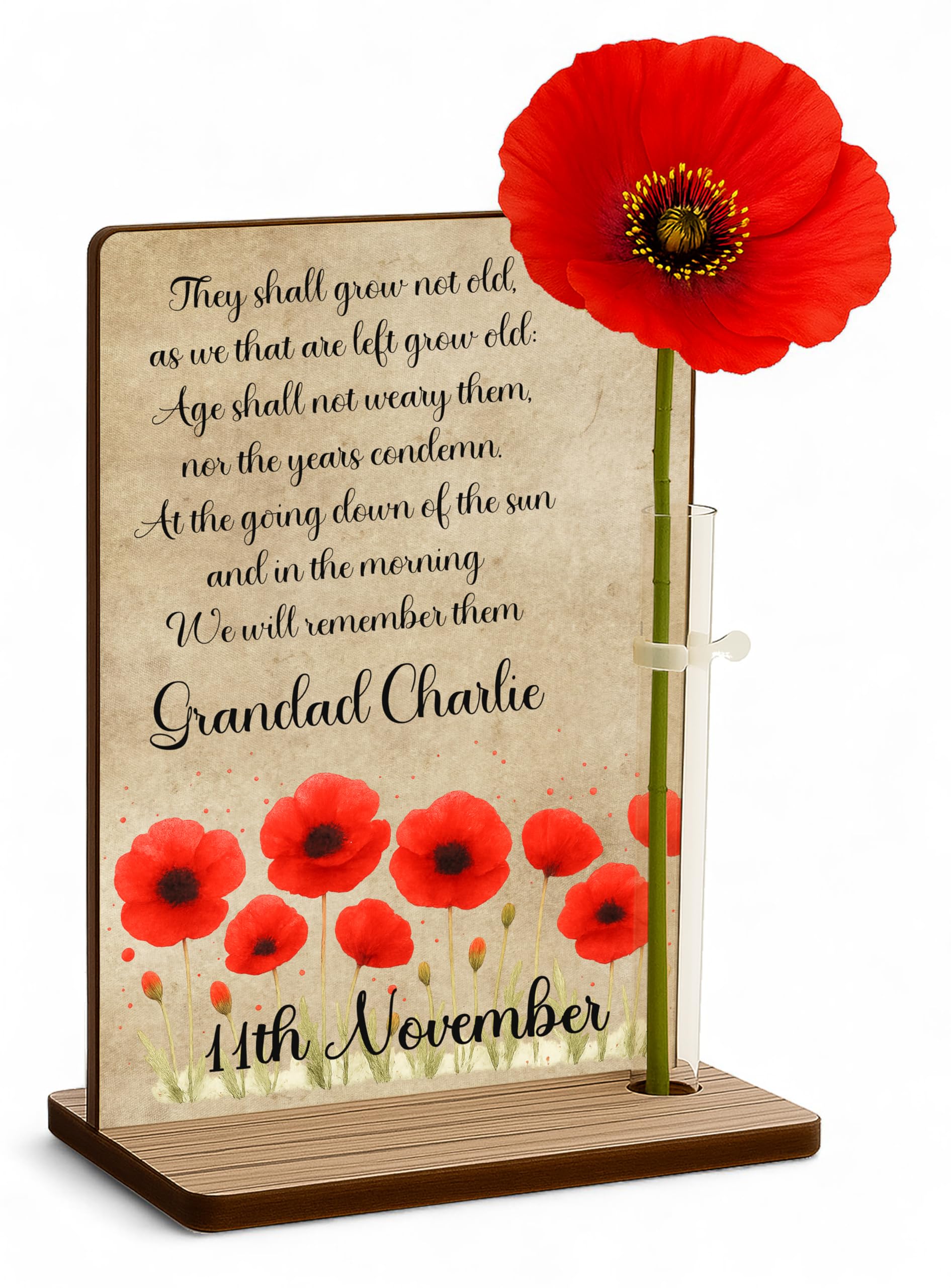 Personalised Remembrance Sunday Poppy Freestanding Memorial Lest We Forget Plaque Photo & Flower Holder (The Unknown Soldier)